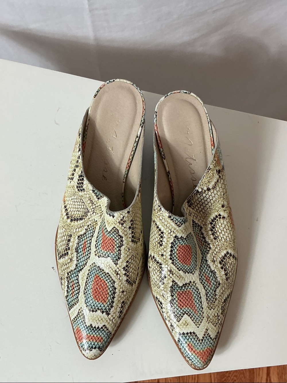 Matisse Cream Snake-Print Pointed Slip-On Mules with Coral & Teal Accents